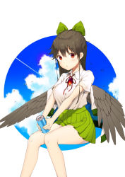 Rule 34 | 1girl, adapted costume, bad id, bad pixiv id, bird wings, black hair, blue sky, bow, breasts, can, cape, cloud, contrail, day, drink can, expressionless, feathered wings, feet out of frame, green bow, hair between eyes, hair bow, half updo, highres, holding, holding can, kurokawa (kurokawa 1 1), large breasts, looking at viewer, miniskirt, outstretched arms, red eyes, red ribbon, reiuji utsuho, ribbon, shirt, short sleeves, sitting, skirt, sky, soda can, solo, space print, starry sky print, third eye, touhou, water drop, white shirt, wings