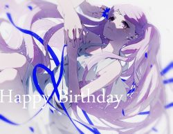 Rule 34 | 10s, 1girl, bad id, bad pixiv id, blue ribbon, blurry, braid, closed mouth, crying, crying with eyes open, dress, g.g.lemon, happy birthday, highres, interlocked fingers, kakumeiki valvrave, lieselotte w. dorssia, light smile, long hair, looking at another, lying, on back, out of frame, purple eyes, purple hair, ribbon, solo focus, tears, twintails, very long hair, white dress