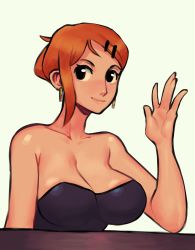 Rule 34 | 1girl, black eyes, breasts, cleavage, closed mouth, dress, ear piercing, highres, large breasts, nami (one piece), one piece, orange hair, piercing, raised hand, short hair, smile, solo