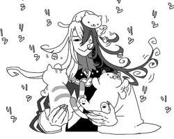 Rule 34 | 1boy, animal, animal on head, ashiya douman (fate), asymmetrical clothes, bell, carrying, cat, crossover, fate/grand order, fate (series), greyscale, hair intakes, jingle bell, long hair, lowres, male focus, monochrome, multicolored hair, neko atsume, obuchi (nanakamado1), on head, smile, solo, split-color hair, two-tone hair