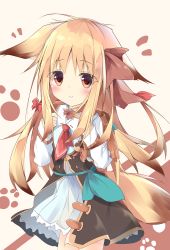 Rule 34 | 1girl, :&gt;, animal ears, backpack, bag, black coat, blonde hair, bow, brown background, brown eyes, brown ribbon, closed mouth, coat, collared dress, commentary request, cowboy shot, dress, ears down, fox ears, fox girl, fox tail, hair bow, hair ribbon, highres, holding, kushida you, long hair, long sleeves, looking at viewer, original, paw print, paw print background, red ribbon, ribbon, smile, solo, tail, two-tone background, very long hair, white background, white dress