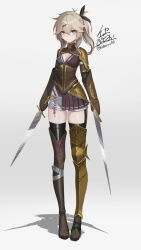 Rule 34 | 1girl, absurdres, armor, asymmetrical footwear, black bow, blue eyes, boots, bow, breasts, brown skirt, cleavage, dual wielding, full body, garter straps, grey shorts, hair bow, hair ornament, hairclip, highres, holding, ikasamahideo, long hair, mismatched footwear, original, ponytail, short shorts, shorts, simple background, skirt, small breasts, standing, thigh boots, thighhighs, weapon, white background
