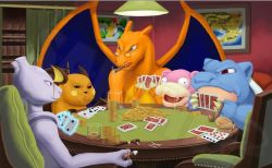 Rule 34 | angry, ash ketchum, bag, blastoise, card, chair, charizard, child, coin, creatures (company), curtains, dogs playing poker, fine art parody, gambling, game freak, gen 1 pokemon, glasses, legendary pokemon, light, map, matches, mewtwo, monocle, nintendo, parody, photo (object), pikachu, smoking pipe, pokemon, pokemon (anime), pokemon (creature), poker, raichu, slowbro, smoking, table