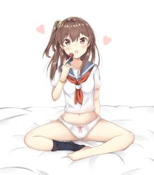 Rule 34 | 1girl, :o, bad id, bad pixiv id, bare legs, barefoot, bed sheet, black socks, blush, bow, bow panties, bracelet, breasts, brown eyes, brown hair, candy, chestnut mouth, collarbone, commentary request, food, full body, glint, green scrunchie, hair between eyes, hair ornament, hair scrunchie, heart, holding, holding candy, holding food, holding lollipop, jewelry, kneehighs, kneehighs pull, leaning to the side, lollipop, long hair, looking at viewer, navel, neckerchief, no pants, no shoes, on bed, one side up, open mouth, original, panties, red neckerchief, school uniform, scrunchie, serafuku, seventeen (st17215), shirt, short sleeves, single kneehigh, single sock, sitting, small breasts, socks, solo, underwear, white background, white panties, white shirt