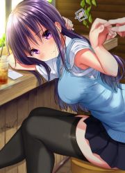 Rule 34 | 1girl, black skirt, black thighhighs, blue sweater vest, breasts, commentary request, cup, disposable cup, drinking straw, hand in own hair, highres, leaf, medium breasts, mokufuu, original, pleated skirt, purple eyes, purple hair, school uniform, shirt, sidelocks, signature, sitting, skirt, solo focus, spoken blush, stool, sweater vest, thighhighs, thighs, white shirt