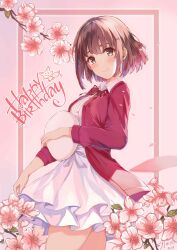 Rule 34 | 1girl, absurdres, beret, breasts, brown eyes, brown hair, cardigan, dress, flower, frilled dress, frills, from side, happy birthday, hat, highres, holding, holding clothes, holding hat, katou megumi, looking at viewer, medium breasts, open cardigan, open clothes, pink flower, plant, red cardigan, saenai heroine no sodatekata, short hair, smile, solo, standing, sylnice, white dress, white hat