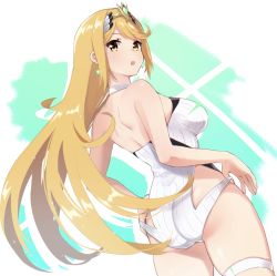 Rule 34 | 1girl, ass, blonde hair, cowboy shot, earrings, highres, jewelry, long hair, mokki, mythra (radiant beach) (xenoblade), mythra (xenoblade), nintendo, one-piece swimsuit, simple background, solo, strapless, strapless one-piece swimsuit, swept bangs, swimsuit, thigh strap, very long hair, white background, white one-piece swimsuit, xenoblade chronicles (series), xenoblade chronicles 2, yellow eyes