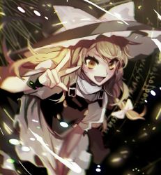 Rule 34 | 1girl, bad id, bad twitter id, blonde hair, bow, braid, chromatic aberration, hair bow, hat, kirisame marisa, long hair, no-kan, open mouth, ribbon, smile, solo, touhou, v, witch hat, yellow eyes