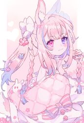 Rule 34 | 1girl, absurdres, animal ears, blush, braid, closed mouth, flower, from side, hair flower, hair ornament, hand up, heterochromia, highres, holding, holding own hair, jikuno, long hair, original, pink background, pink eyes, pink hair, ponytail, purple eyes, simple background, solo, upper body