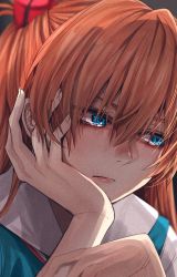 Rule 34 | blue eyes, blush, closed mouth, commentary request, crying, crying with eyes open, hair between eyes, hand on own cheek, hand on own face, highres, hoshi san 3, looking to the side, neon genesis evangelion, orange hair, original, portrait, red ribbon, ribbon, school uniform, serafuku, solo, souryuu asuka langley, tears, tokyo-3 middle school uniform, twintails, two side up