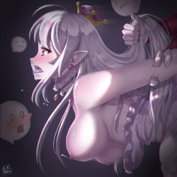 Rule 34 | 0 0, 1boy, 1girl, absurdres, ahoge, arm grab, arm held back, blush, boo (mario), breasts, breasts out, clothes pull, collar, covering own eyes, detached collar, dress pull, earrings, exratio, gloves, grabbing another&#039;s hair, highres, huge filesize, implied sex, jewelry, large breasts, luigi&#039;s mansion, mario, mario (series), new super mario bros. u deluxe, nintendo, nipples, open mouth, pendant, pointy ears, princess king boo, purple eyes, purple hair, sideways mouth, simple background, solo focus, super crown, surprised, sweat, sweatdrop