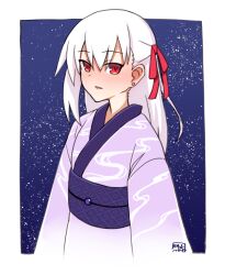 1girl arms_at_sides blush border earrings fate/grand_order fate_(series) hibun_tsukasa japanese_clothes jewelry kama_(fate) kimono long_sleeves parted_lips purple_kimono red_eyes red_ribbon ribbon solo white_border white_hair