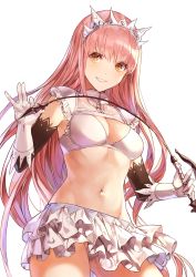Rule 34 | 1girl, blush, bra, breasts, cleavage, cowboy shot, elbow gloves, fate/grand order, fate (series), gloves, groin, highres, holding, holding riding crop, kim eb, layered skirt, long hair, looking at viewer, medb (fate), medium breasts, miniskirt, navel, panties, pantyshot, pink hair, riding crop, sidelocks, simple background, skirt, smile, solo, standing, stomach, tiara, underwear, very long hair, white background, white bra, white gloves, white panties, white skirt, yellow eyes
