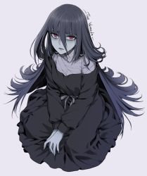 Rule 34 | 10s, 1girl, bandaged neck, bandages, black dress, black hair, character name, chimachi, dress, hair between eyes, long hair, looking at viewer, open mouth, red eyes, revision, robe, sash, simple background, solo, very long hair, yamada tae, zombie, zombie land saga
