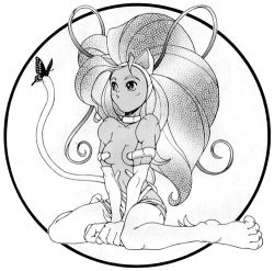 Rule 34 | 1girl, animal ears, animal hands, antenna hair, bare shoulders, big hair, breasts, bug, butterfly, capcom, cat ears, cat tail, choker, felicia (vampire), fur, greyscale, insect, lowres, medium breasts, monochrome, monster girl, sitting, solo, tail, vampire (game), wariza