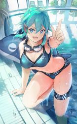Rule 34 | 1girl, aqua eyes, aqua hair, bikini, blue bikini, breasts, chair, cleavage, feet out of frame, hair ornament, hairclip, indoors, inflatable dolphin, inflatable toy, looking at viewer, lounge chair, medium breasts, nisimy, open mouth, pool, pool ladder, short hair, sinon, solo, swimsuit, sword art online, thigh strap, window