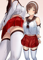 Rule 34 | 1girl, bad id, bad twitter id, bare shoulders, blush, breasts, brown eyes, brown hair, brown sailor collar, collarbone, detached sleeves, gradient background, hairband, highres, kantai collection, large breasts, midriff, multiple views, natori (kancolle), navel, pallad, panties, parted lips, pleated skirt, red skirt, sailor collar, short hair, skirt, thighhighs, underwear, white hairband, white panties, white thighhighs