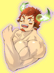 Rule 34 | 1boy, animal ears, bara, brown eyes, brown hair, completely nude, cow boy, cow ears, cow horns, cropped torso, facial hair, forked eyebrows, glowing horns, goatee, horns, katoributa a, looking at viewer, male focus, muscular, muscular male, nude, one eye closed, pectorals, pointing, pointing at self, short hair, smile, solo, thick eyebrows, tokyo houkago summoners, wakan tanka