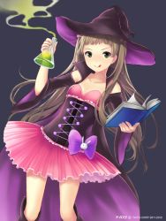 Rule 34 | 1girl, :q, amakusa rin, book, bottle, brown hair, detached sleeves, green eyes, hat, holding, ilog, long hair, looking at viewer, occhan (11715), official art, potion, solo, tongue, tongue out, witch hat