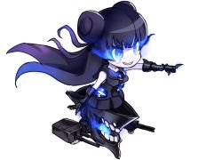 Rule 34 | 10s, 1girl, abyssal ship, bad id, bad pixiv id, black hair, blue eyes, blush stickers, breasts, chibi, colored skin, double bun, gauntlets, gloves, glowing, glowing eyes, gradient hair, grin, kantai collection, large breasts, light cruiser oni, long hair, multicolored hair, open mouth, pointing, pointing finger, pointing forward, school uniform, serafuku, skirt, sleeveless, smile, solo, teeth, transparent background, turret, weasel (close-to-the-edge), white skin