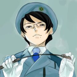 Rule 34 | 00s, 1girl, bad id, bad pixiv id, bdsm, beret, black eyes, black hair, collared shirt, emblem, evil grin, evil smile, from below, glasses, gloves, grin, gundam, gundam 00, half-closed eyes, hat, holding, kati mannequin, looking at viewer, mature female, military, military uniform, mole, mole under mouth, necktie, parted bangs, parted lips, riding crop, rimless eyewear, shimotsuki eight, shirt, short hair, simple background, sketch, smile, solo, swept bangs, uniform, upper body, white gloves