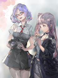 Rule 34 | 2girls, text background, bag, black jacket, blue hair, camera, cowboy shot, cup, digital camera, dress, drinking straw, earrings, frilled dress, frilled sleeves, frills, girls&#039; frontline, glasses, hair ornament, hair ribbon, holding, holding camera, holding cup, jacket, jewelry, light blue hair, long hair, long jacket, multicolored background, multiple girls, necktie, panties, pants, pantyhose, purple hair, red eyes, ribbon, shirt, short hair, short sleeves, shoulder bag, side ponytail, simple background, tank top, thighhighs, thompson (girls&#039; frontline), underwear, urorong, wa2000 (girls&#039; frontline), white shirt