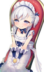 Rule 34 | 1girl, aged down, animal, asagi yuna, azur lane, bad id, bad pixiv id, bare shoulders, belfast (azur lane), bird, blue eyes, blue ribbon, blush, braid, chair, chick, child, closed mouth, collarbone, corset, dress, elbow gloves, feet out of frame, french braid, frilled dress, frills, gloves, hair ribbon, half-closed eyes, highres, holding, holding animal, long hair, maid, maid headdress, neck ribbon, on chair, one side up, ribbon, silver hair, simple background, sitting, sleeveless, sleeveless dress, smile, solo, swept bangs, white background, white dress, white gloves, zzz