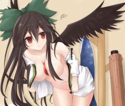 Rule 34 | 1girl, arm cannon, bare shoulders, bent over, black hair, black wings, bottomless, breasts, cape, hair censor, hair ribbon, highres, long hair, long sleeves, looking to the side, moai21, navel, no bra, no panties, off shoulder, open clothes, open shirt, red eyes, reiuji utsuho, ribbon, shirt, solo, squiggle, third eye, touhou, weapon, wings