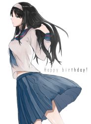 Rule 34 | 1girl, bad id, bad twitter id, black hair, blue eyes, blue neckwear, blue sailor collar, blue skirt, bow, floating hair, from side, grey bow, grey shirt, hair bow, hand in own hair, happy birthday, harts 02, highres, long hair, long sleeves, looking at viewer, looking to the side, miniskirt, pleated skirt, sailor collar, school uniform, serafuku, shirt, simple background, skirt, solo, tohno akiha, tsukihime, white background