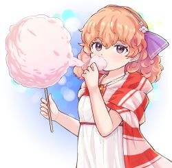 Rule 34 | 1girl, blush, brown eyes, cotton candy, dress, eating, fire emblem, fire emblem echoes: shadows of valentia, fire emblem heroes, fireworks, food, genny (fire emblem), hairband, highres, holding, holding food, kutabireta neko, nintendo, official alternate costume, orange hair, scarf, short hair, simple background, solo, striped clothes, striped scarf, upper body, white dress
