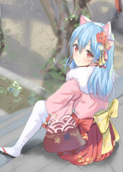 Rule 34 | 1girl, aisu (icicleshot), animal ears, back bow, blue hair, blush, bow, cat ears, closed mouth, commentary request, fake animal ears, flower, full body, fur collar, hair between eyes, hair flower, hair ornament, highres, igarashi haruna, long bangs, long hair, long sleeves, looking at viewer, looking back, mahjong soul, pantyhose, pink flower, pink shirt, red bow, red eyes, red skirt, shirt, sitting, skirt, sleeves past fingers, sleeves past wrists, smile, solo, tassel, tassel hair ornament, tree, white pantyhose, yellow bow