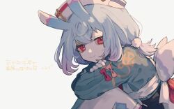 Rule 34 | 1girl, animal ears, blue hair, commentary request, genshin impact, hat, highres, inagoinaire, looking at viewer, rabbit ears, red eyes, short hair, sigewinne (genshin impact), simple background, sitting, smile, solo, translation request