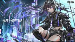 Rule 34 | 1girl, 2021, artist name, bike shorts, black choker, black gloves, black hair, black jacket, black shirt, black shorts, black thighhighs, blue eyes, blue hair, building, choker, closed mouth, commentary request, earrings, english text, gloves, hand on own thigh, happy new year, highres, jacket, jewelry, kamitsubaki studio, koko (vtuber), koko virtual, long hair, looking at viewer, midriff, multicolored hair, navel, new year, on one knee, open clothes, open jacket, reaching, reaching towards viewer, science fiction, shirt, short shorts, shorts, single glove, smile, solo, thigh strap, thighhighs, very long hair, virtual youtuber, wind