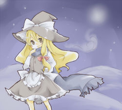 Rule 34 | 1girl, bad id, bad pixiv id, blonde hair, dress, female focus, gradient background, hat, kirisame marisa, lowres, outdoors, perfect cherry blossom, ribbon, scarf, sky, snow, solo, touhou, tsk, witch, witch hat