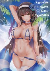 Rule 34 | 1girl, arm behind head, arm up, armpits, bikini, black hair, blue sky, blush, breasts, character name, cleavage, cloud, collarbone, cowboy shot, day, flower, girls&#039; frontline, groin, hair flower, hair ornament, hairband, innertube, large breasts, long hair, looking at viewer, navel, outdoors, palm tree, petals, see-through, sidelocks, sky, smile, solo, stomach, swim ring, swimsuit, thighhighs, thighs, tohoorin, tree, type 95 (girls&#039; frontline), very long hair, wet, white hairband, yellow eyes