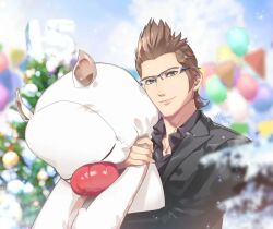 Rule 34 | 1boy, artist name, balloon, black jacket, black scarf, blurry, blurry background, brown hair, christmas tree, final fantasy, final fantasy xv, glasses, green eyes, hair slicked back, hinoe (dd works), ignis scientia, jacket, jewelry, looking at viewer, male focus, moogle, necklace, outdoors, scarf, short hair, sideburns, smile, snow, solo, stuffed animal, stuffed toy, suit jacket, upper body