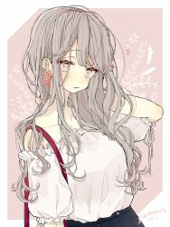 Rule 34 | 1girl, akakura, bag, blouse, blush, breasts, collarbone, earrings, eyelashes, flower, frilled shirt, frills, grey hair, hand on own neck, handbag, highres, jewelry, lavender (flower), long hair, looking at viewer, off-shoulder shirt, off shoulder, original, parted lips, pink background, pink eyes, shirt, short sleeves, signature, solo, upper body, white background, white shirt