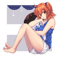 Rule 34 | 1girl, alternate costume, barefoot, blue hair, blue shirt, breast press, breasts, brown eyes, cleavage, collarbone, fate/grand order, fate (series), from side, fujimaru ritsuka (female), full body, hair between eyes, looking at viewer, medium breasts, nm222, hugging object, one side up, open mouth, orange hair, pillow, pillow hug, shirt, short hair, short shorts, shorts, sitting, sleeveless, sleeveless shirt, solo, white background, white shorts