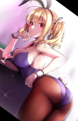 Rule 34 | 1girl, animal ears, ass, black pantyhose, blonde hair, breasts, cleavage, commentary request, detached collar, dice hair ornament, dutch angle, fake animal ears, fake tail, hair ornament, highres, leotard, long hair, mole, mole under eye, original, pantyhose, penis, playboy bunny, purple leotard, rabbit ears, red eyes, simon (n.s craft), smile, solo, sparkle, strapless, strapless leotard, tail, wrist cuffs