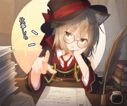 Rule 34 | 1girl, animal ear fluff, animal ears, black-framed eyewear, black capelet, black hat, black jacket, blouse, blush, book, book stack, brown hair, capelet, collared shirt, commentary request, coreytaiyo, dated, glasses, hair between eyes, hat, highres, inkwell, jacket, long sleeves, looking at viewer, mary swan (coreytaiyo), necktie, open mouth, original, paper stack, pointing, pointing at viewer, quill, red necktie, round eyewear, shirt, signature, solo, tilted headwear, translation request, upper body, v-shaped eyebrows, white shirt, yellow eyes