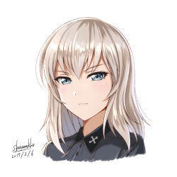 Rule 34 | 10s, 1girl, artist name, blue eyes, closed mouth, dated, dress shirt, girls und panzer, grey shirt, itsumi erika, kuromorimine school uniform, light frown, long hair, looking at viewer, portrait, school uniform, shamakho, shirt, signature, silver hair, simple background, solo, white background, wing collar