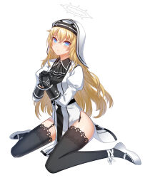 Rule 34 | 1girl, absurdres, alternate hair color, ankle ribbon, ascot, belt, black ascot, black belt, black gloves, black shirt, black thighhighs, blonde hair, blue eyes, blush, closers, coif, collared shirt, compass rose halo, crying, crying with eyes open, dress, full body, furrowed brow, garter straps, gloves, habit, hair between eyes, halo, hands up, highres, interlocked fingers, juliet sleeves, lace, lace-trimmed thighhighs, leg ribbon, long hair, long sleeves, looking up, mary janes, nun, official art, own hands clasped, own hands together, parted lips, pelvic curtain, praying, puffy sleeves, ribbon, seulbi lee, shirt, shoes, sitting, solo, tachi-e, tears, tears from one eye, thighhighs, thighs, very long hair, wariza, white background, white dress, white footwear, white halo, white headwear, white ribbon, wing collar, zettai ryouiki