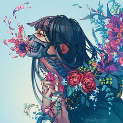 Rule 34 | 1girl, artist name, black hair, blue background, blue flower, clenched hand, clover, commentary, covered mouth, english commentary, eyelashes, flower, flower in mouth, flower request, four-leaf clover, from side, half-closed eyes, hands on own chest, highres, long hair, mask, mouth mask, original, petals, pink eyes, pink flower, purple flower, red flower, red rose, rose, simple background, skeleton print, solo, spine, upper body, vignetting, white mask, yuumei