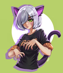 Rule 34 | 1girl, animal ears, cat ears, cat tail, earrings, green eyes, grey hair, hair over one eye, halloween, imdrunkontea, jewelry, looking at viewer, nail polish, original, purple nails, short hair, simple background, slit pupils, solo, tail, tongue, tongue out, whiskers