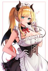 Rule 34 | 1girl, :p, absurdres, aqua eyes, bat wings, blonde hair, bow, bowtie, breasts, cleavage, commentary request, demon girl, demon horns, demon tail, gloves, goroo (eneosu), hands on own hips, highres, hololive, horns, large breasts, long hair, looking at viewer, maid, maid headdress, red bow, red bowtie, sleeveless, solo, tail, tongue, tongue out, twintails, virtual youtuber, white background, white gloves, wings, yuzuki choco, yuzuki choco (maid)