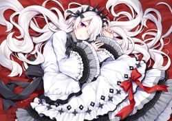 Rule 34 | 1girl, black bow, bow, character request, crown, dress, frills, hair bow, hair over one eye, long hair, long sleeves, looking at viewer, lying, on side, purple eyes, red bow, ririkuto, signature, very long hair, white dress, white hair, wide sleeves