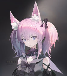 Rule 34 | 1girl, animal ear fluff, animal ears, arknights, bare shoulders, black bow, black dress, bow, breasts, commentary request, dress, grey eyes, hair between eyes, hair bow, hair ornament, highres, looking at viewer, m6jocha, pink hair, shamare (arknights), sidelocks, skull hair ornament, small breasts, solo, translation request, twintails, twitter username, upper body