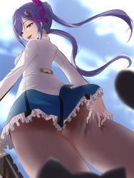 Rule 34 | 1girl, :d, absurdres, animal, arm behind back, ass, assault lily, black cat, blue skirt, blue sky, blurry, blurry foreground, breasts, brown pantyhose, cat, cloud, commentary request, cowboy shot, day, deep skin, floating hair, foreshortening, frilled skirt, frills, from behind, from below, hair between eyes, hair ornament, hair ribbon, half-closed eyes, hand on own thigh, herensuge girls academy school uniform, highres, jacket, long hair, long sleeves, looking at animal, looking back, looking down, matsumura fuuka, medium breasts, miniskirt, open mouth, outdoors, pantyhose, pink eyes, pink ribbon, pleated skirt, purple hair, ribbon, school uniform, skirt, sky, smile, solo, standing, swept bangs, tassel, teeth, thigh gap, torn clothes, torn pantyhose, twintails, upper teeth only, upskirt, urutsu sahari, weapon, white jacket