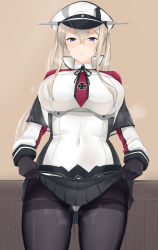 Rule 34 | 1girl, absurdres, black gloves, black pantyhose, blonde hair, blue eyes, blush, breasts, capelet, closed mouth, clothes lift, covered navel, cross, embarrassed, from below, gloves, graf zeppelin (kancolle), hair between eyes, hat, highres, impossible clothes, jacket, kantai collection, large breasts, long hair, looking at viewer, maruyaa (malya1006), military, military uniform, miniskirt, necktie, pantyhose, peaked cap, sidelocks, skirt, skirt lift, solo, sweat, sweatdrop, thighband pantyhose, thighs, tsurime, twintails, uniform