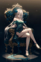 Rule 34 | 1girl, absurdres, bare legs, bare shoulders, black footwear, blue eyes, blue flower, breasts, chair, cleavage, commentary, crossed legs, dark, dress, duplicate, english commentary, flower, green dress, hair flower, hair ornament, hand on own thigh, high heels, highres, long hair, looking at viewer, medium breasts, off-shoulder dress, off shoulder, original, pixel-perfect duplicate, rose, shoes, sitting, solo, sparkle, thighs, ttosom, very long hair, white hair